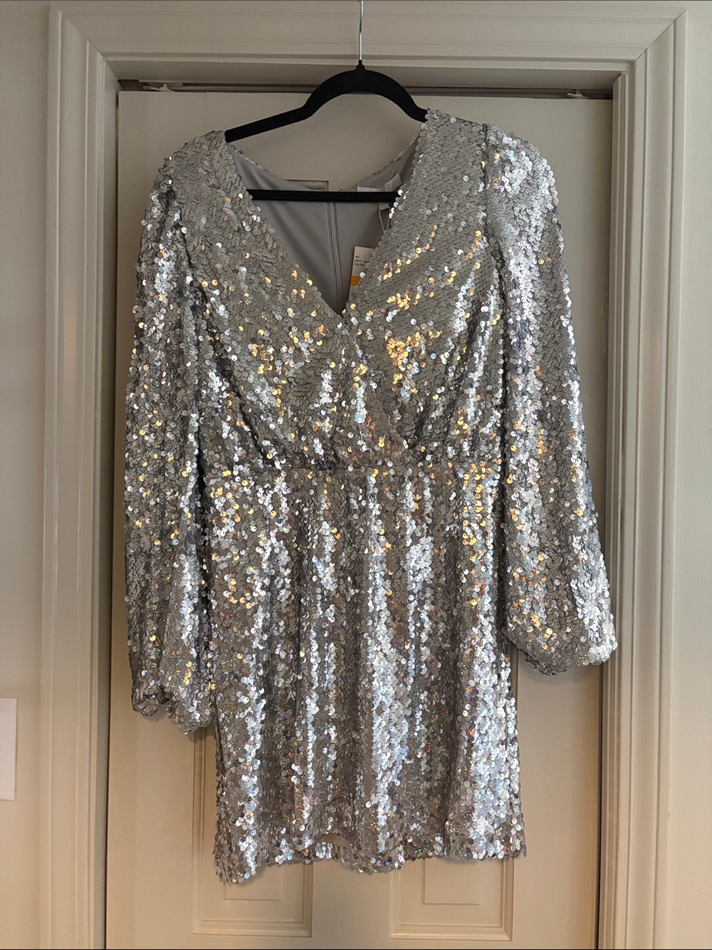 Wayf Silver Sequin Long Sleeve V-Neck Dress